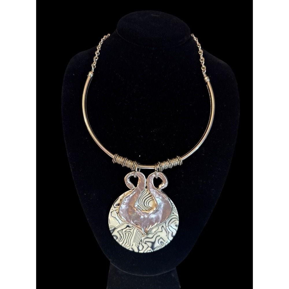 Stmt Collar Necklace Barrel Beads Double Loop Silver Pendant On Large Disk